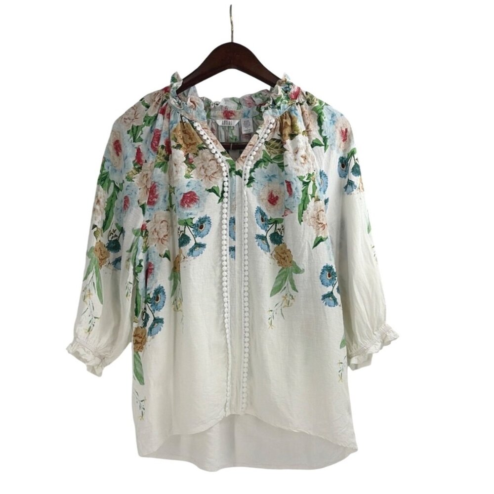 Kaktus Womens Small Floral Blouse Linen Rayon 3/4 Sleeve Ruffle Neck Cottagecore